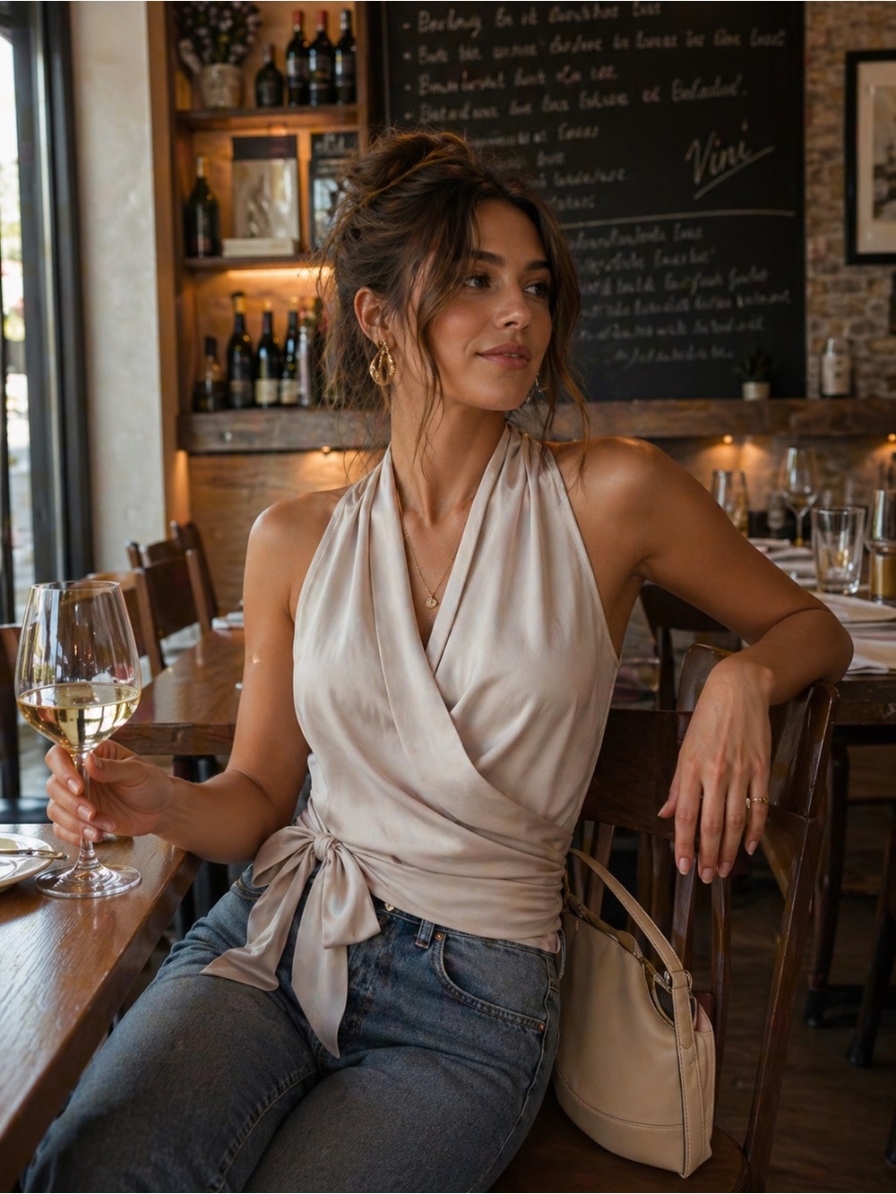 Zara Satin Wrap Halter Tank Top in Champagne